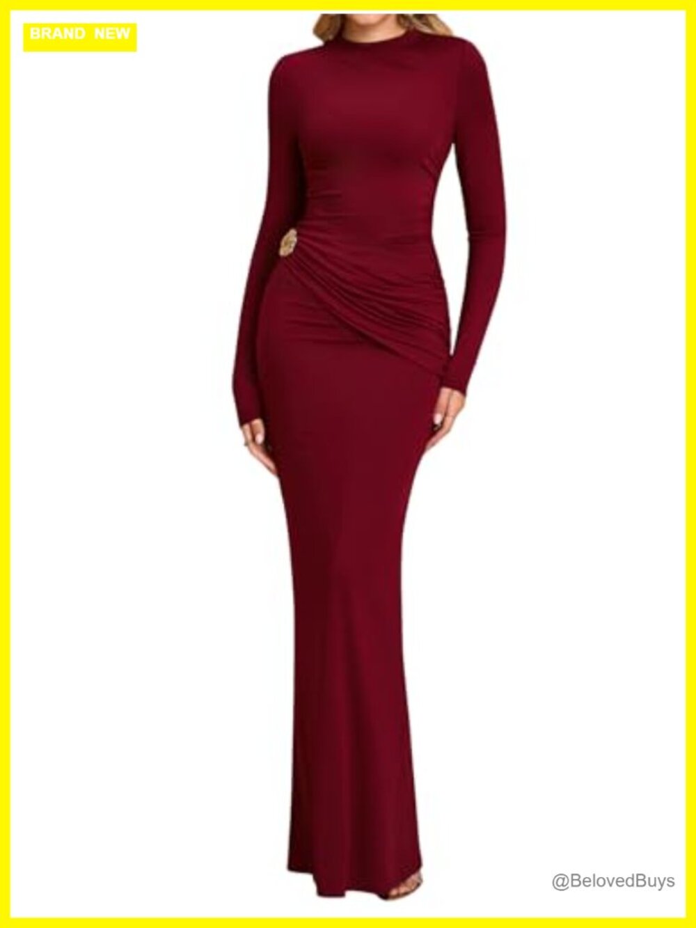 Women's Long Sleeve Ruched Bodycon Maxi Dress Mock Neck Formal Wedding Guest